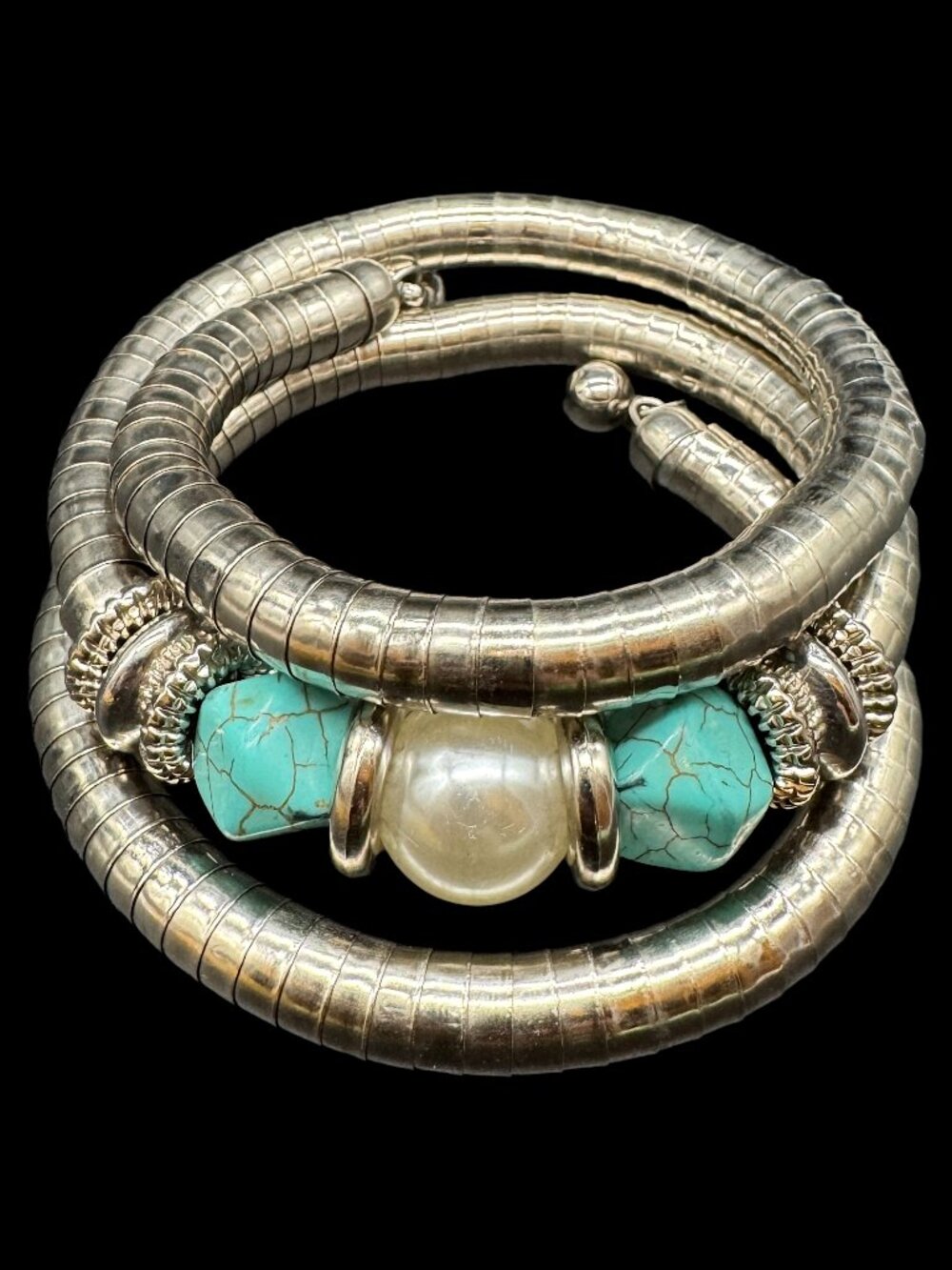 Silver Tone Wrap Coil Bracelet Beaded Turquoise Faux Pearl Flexible Adjustable